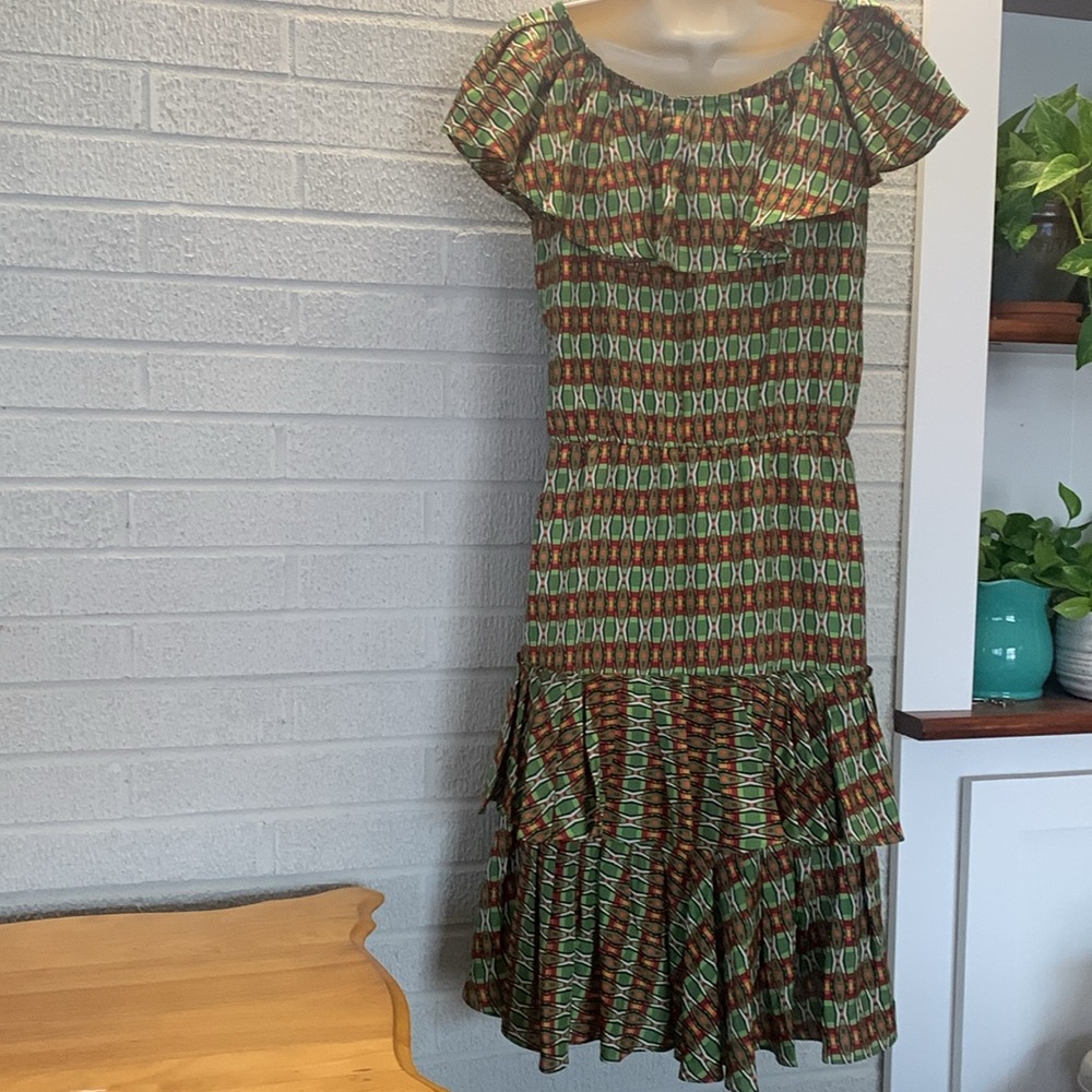 Cynthia Steffe Size 6 100% Silk Sleeveless Green Orange Dress Tiered Ruffles - Picture 3 of 13